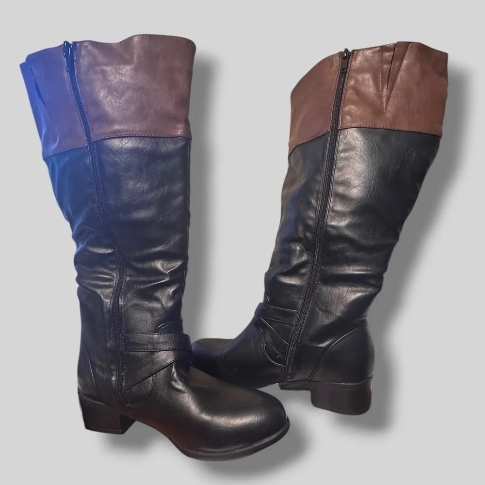 Avenue Lacey Knee High Boots Womens 10WW Black Brown Riding 0115 Autumn Two Tone